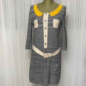 Vintage 70’s Sonia Rykiel 100% Fine Merino Wool Gray Dress with Yellow Accents